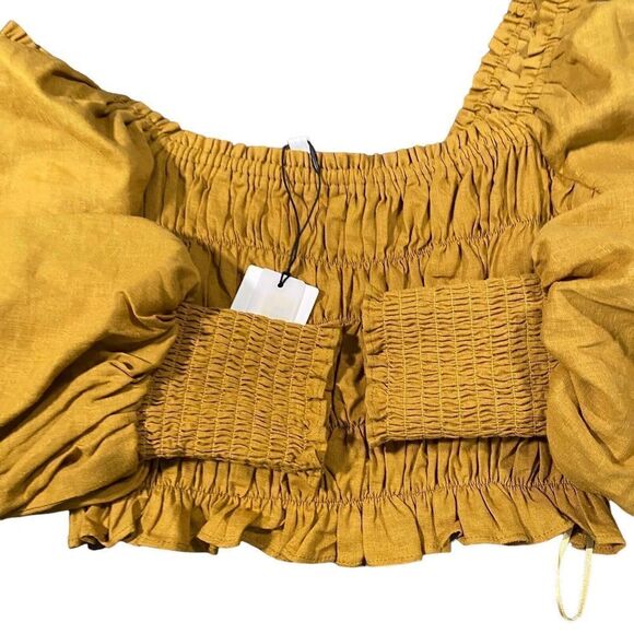 NWT A Loves A Straw Mustard Ruched Puff Long Sleeve Cropped Blouse Linen Blend S - Picture 8 of 12